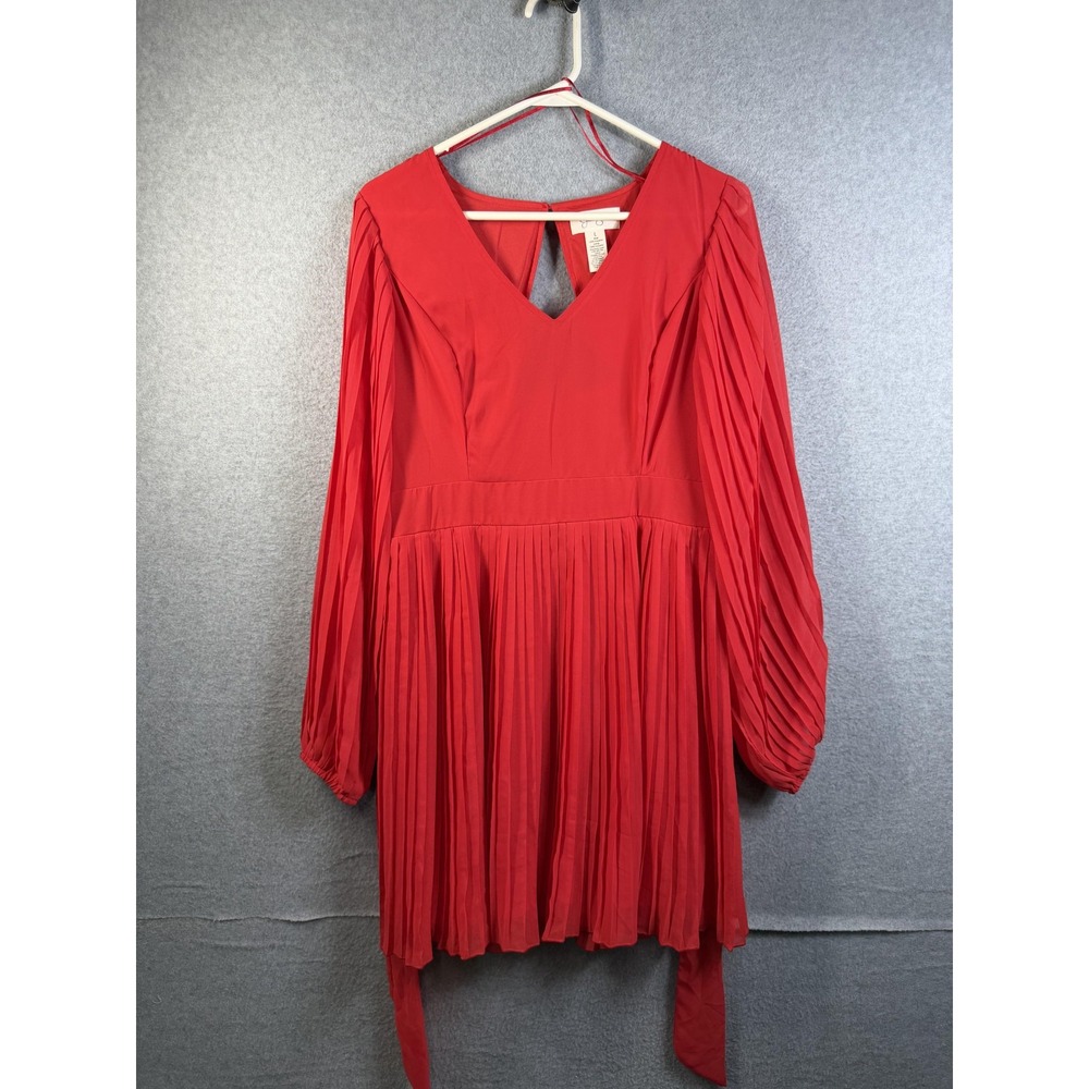 Jessica Simpson Dress Womens Large Red Pleated Long Sleeve Fit Flare V Neck
